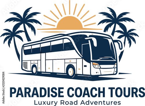 Luxury coach tour bus logo with palm trees and sun background