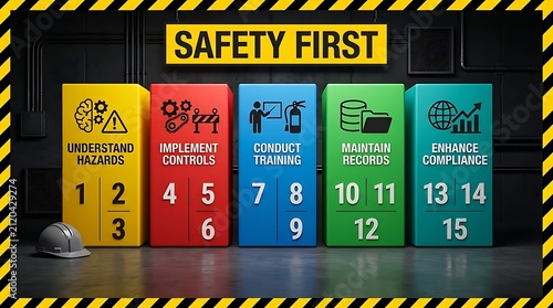 Safety First Procedure Concept With Numbered Steps For Industrial Hazard Compliance