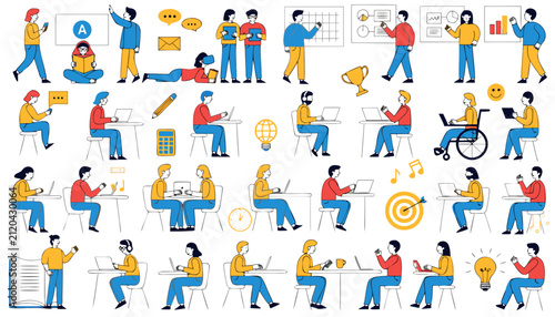 Diverse group of people engaged in various work and learning activities.