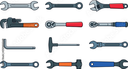 Foto Professional wrench tool vector set featuring adjustable spanner pipe wrench ratchet allen key and socket tools for mechanic garage hardware service, 20 words