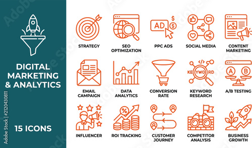 Professional digital marketing and analytics icon set featuring fifteen essential business growth, SEO, and customer journey symbols for web.