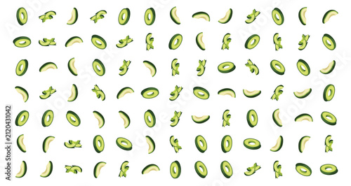 Foto fresh bright green kiwi slices and halves with varied shapes on white background