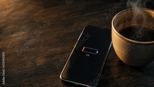Phone Battery at 2 Percent Beside Coffee Cup, Burnout and Exhaustion Metaphor