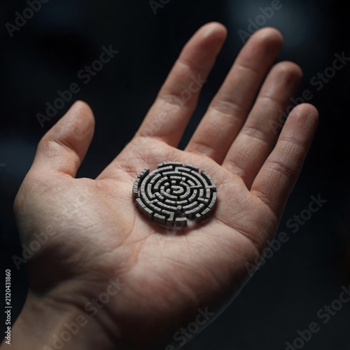 Hand Holding Miniature Stone Labyrinth, Obsessive Thoughts And Anxiety Concept