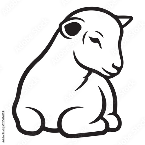 Minimalist line art vector illustration of a sitting lamb with closed eyes for farm animal branding and religious symbols