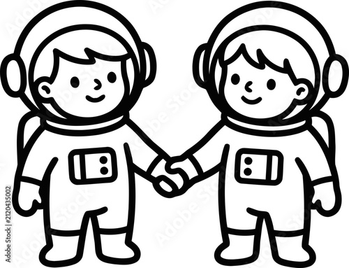 Two cute cartoon astronauts holding hands, space exploration, friendship, teamwork, children's illustration
