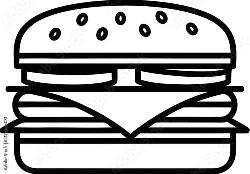 Stylized illustration of a classic hamburger in black and white line art style.