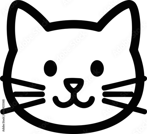 Cute Cat Face Icon, Simple Black and White Vector Illustration, Kawaii Style