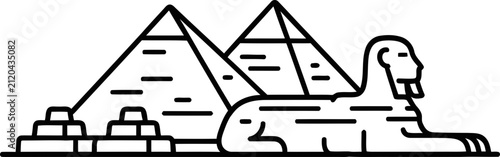 Egyptian pyramids and sphinx icon in black and white line art style