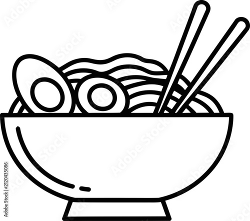 Minimalist Line Art Bowl of Ramen Noodles with Egg and Chopsticks