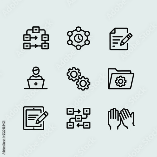 A set of 9 minimalist line art icons arranged in a 3x3 grid on a light gray background.  