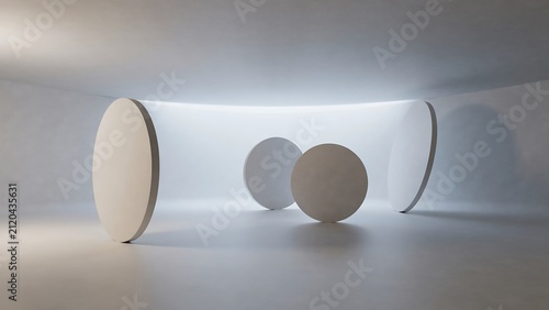 Futuristic Minimalist Interior with Large Circular Monoliths and Soft Ambient Lighting