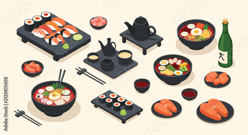 Large collection of Japanese dishes including ramen bowls, sushi platters, salmon sashimi, sake, and tea set, vector.