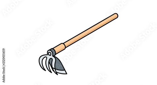 Traditional garden hand hoe cultivator tool with three prongs and a sharp blade, isometric vector illustration on white.