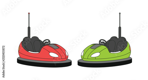 Amusement park bumper cars in bright red and lime green colors, complete with tall antennas and steering wheels.