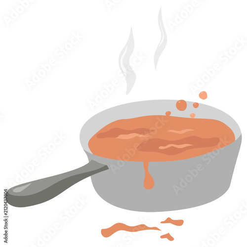 Obraz na plátně Flat illustration of a cooking pot filled with warm red sauce, with gentle steam and scattered splashes, suitable for cooking, recipes, kitchen, and food preparation themes