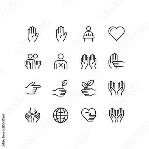 A set of 18 minimalist line art icons arranged in a 3x6 grid on a white background. 