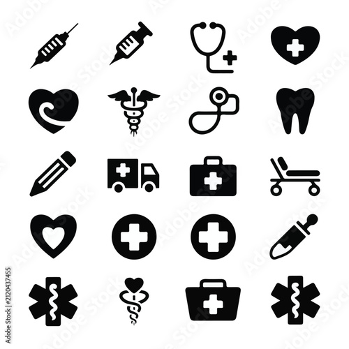 A set of 20 black medical and healthcare icons arranged in a 5x4 grid on a white background