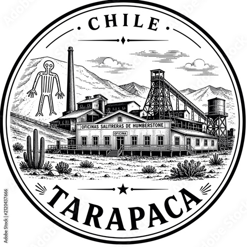 фотографія Vintage illustration of Humberstone Saltpeter Office in Tarapaca, Chile, with iconic Atacama Desert landscape