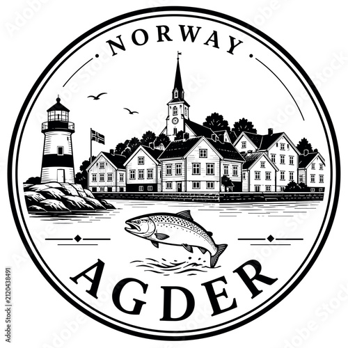 Norway Agder lighthouse and salmon emblem with coastal village