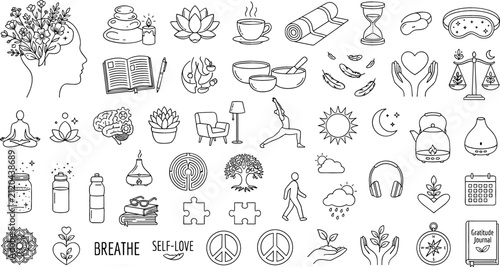 Mental Health and Wellness Wellness Vector Icon Set with Meditation, Yoga, Mindfulness, Self Care, and Therapy Line Art Elements