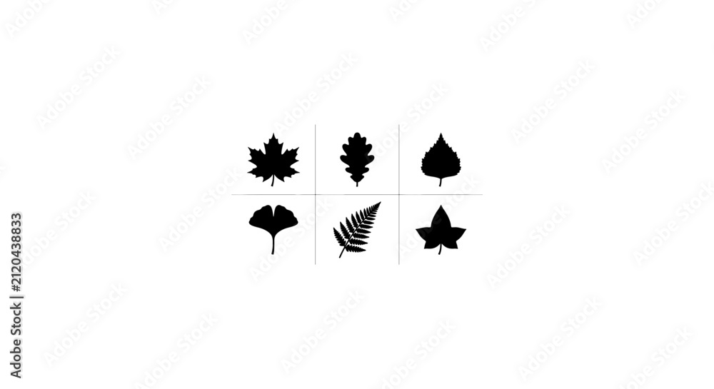 Fototapeta premium Six Black Silhouette Botanical Leaf Icons, Vector Set. Simple Organic Plant Shapes for Nature Design Elements, Autumn Fall Decor, and Botanical Graphics.