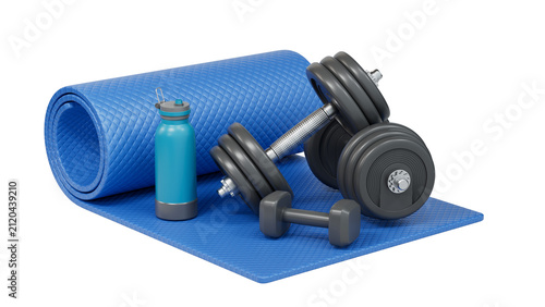 Quadro su tela Home Gym Workout Set with Blue Fitness Mat Water Bottle and Heavy Adjustable Dumbbells