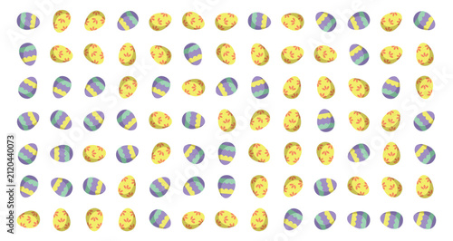 Bild auf Leinwand pattern of decorated yellow chick and striped blue purple Easter eggs on white b