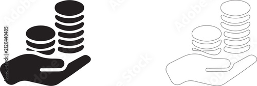 Hand holding coin stacks vector icon filled and outline, capital growth and profit symbol.
