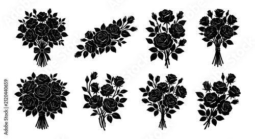 Foto Elegant Black Rose Bouquets Vector Set, Romantic Floral Arrangements, Vintage Si