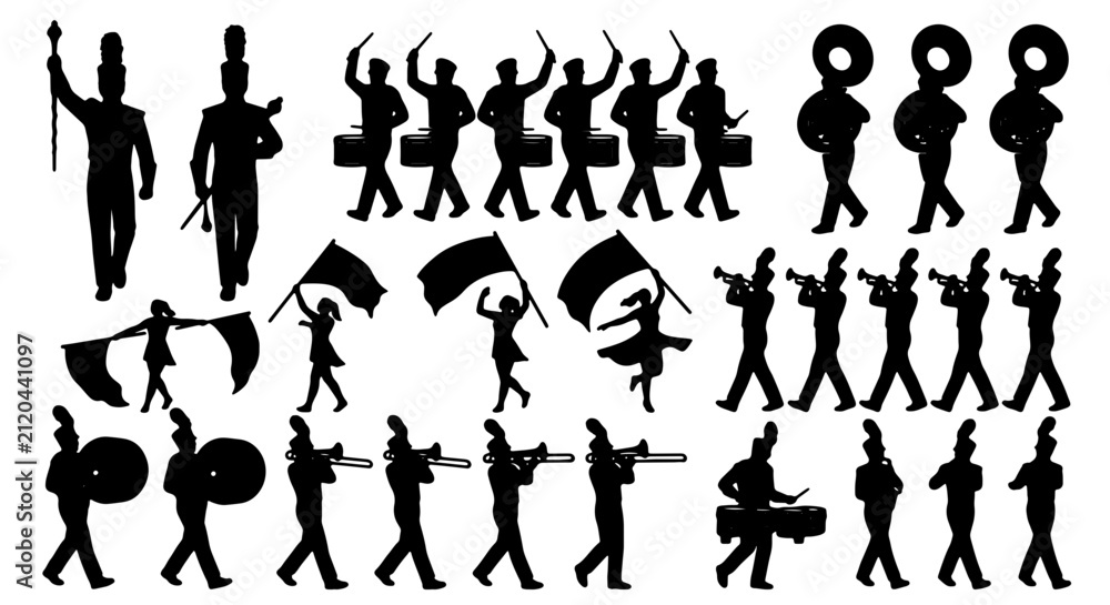 Fototapeta premium Marching Band Silhouettes Collection, Drum Major, Flag Bearers, Musicians, Parade Performers, Vector Graphics Set