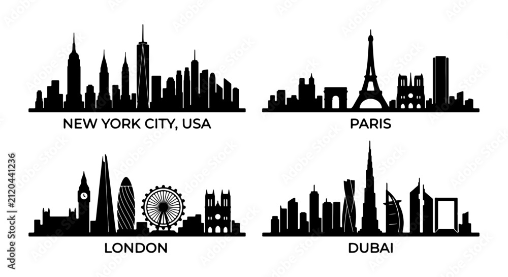 Obraz premium Global City Skylines Silhouette Collection: New York, Paris, London, Dubai Vector Graphics for Travel and Architecture Design