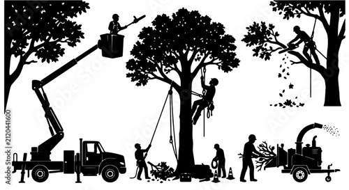 Fotografía Arborist Tree Service Silhouettes, Arboriculture Work Vector Set, Tree Cutting a