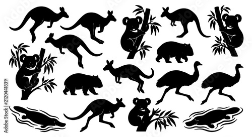 Canvas Print Australian Wildlife Silhouettes Collection: Kangaroos, Koalas, Emus, Platypus, W