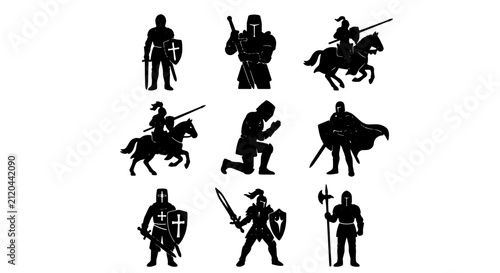 Foto Medieval Knights Vector Silhouettes, Warrior Icons, Historical Figures, Chivalry