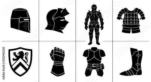 Foto Medieval Knight Armor Set, Historical Warrior Gear Collection, Medieval Helmet,