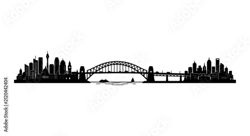 Obraz na plátne Iconic Bridge Skyline Silhouette, Cityscape Vector Art, Urban Architecture Panor