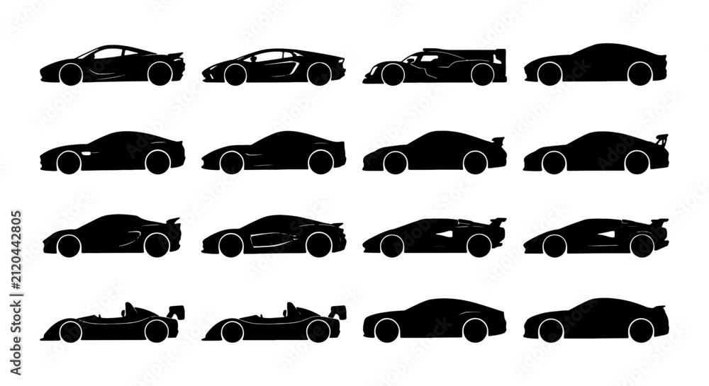 Fototapeta premium Set of 16 Silhouette Sports Cars, Racing Vehicles, and Supercars Vector Icons. Modern Automotive Designs for Transportation and Speed Concepts.