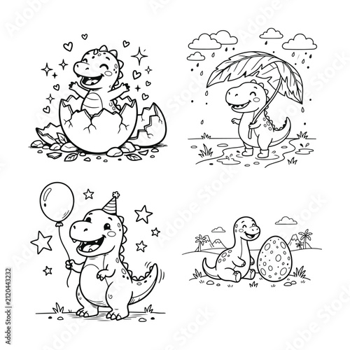 Set of cute baby dinosaurs in various activities for coloring book pages and children activity sheets