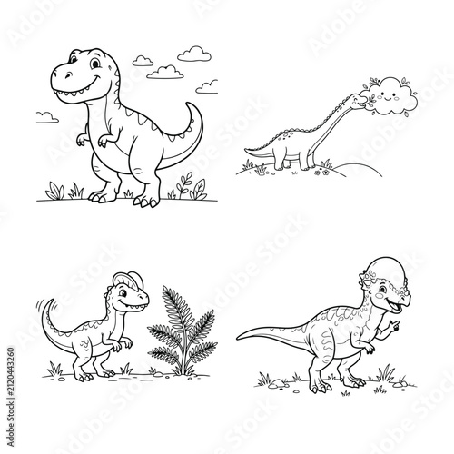 Set of cute hand drawn dinosaurs for kids coloring book pages with various prehistoric creatures in nature