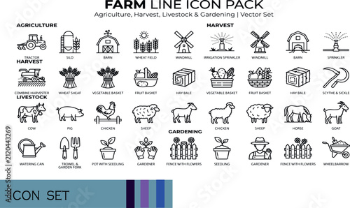 Print Farm Line Icon Pack Agriculture Harvest Livestock Gardening Vector Set