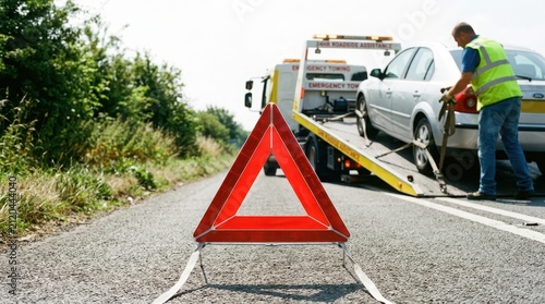 Red warning triangle on road with tow truck loading brokendown car for roadside assistance