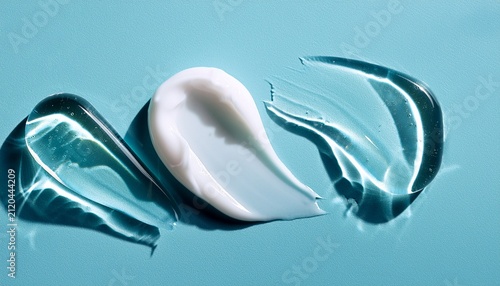 samples of cosmetic care products smear of cream and gel texture on a light blue background moisturizing and skin care concept