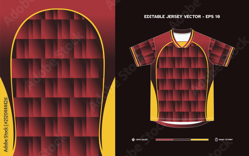 Red and Gold Modern Football Jersey Design with 3D Geometric Block Texture and Curved Side Panels