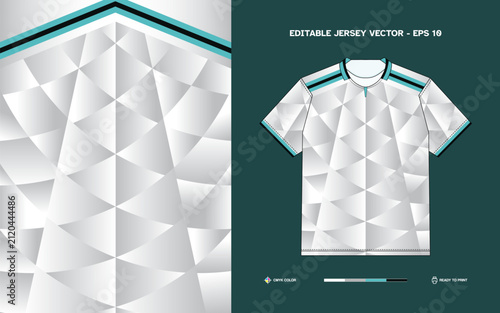 White Football Jersey Design with 3D Geometric Polygonal Pattern and Turquoise Shoulder Stripes