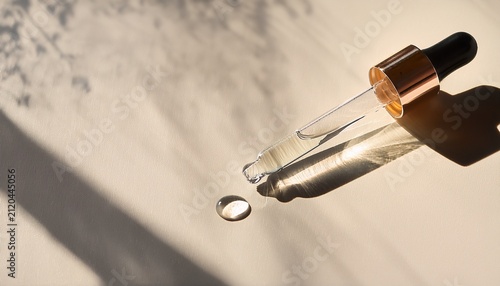 glass pipette with serum drop on light background with soft sunlight and shadows