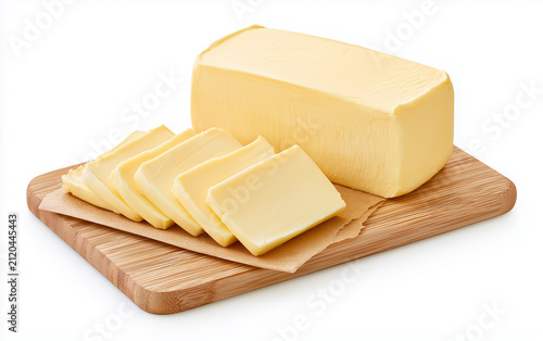 Wooden board with cut block of butter on white background