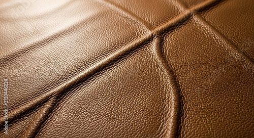 Close up macro shot of rich brown leather texture with detailed stitching lines and natural grain patterns on a soft upholstered surface
