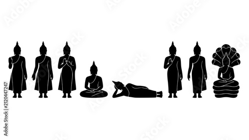 фотографія Set of black silhouettes of buddha statues in various poses and mudras isolated