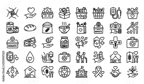 Volunteer and Charity Thin Line Icon Set with Food Donation Blood Collection Helping Hand and Global Hunger Relief Vector